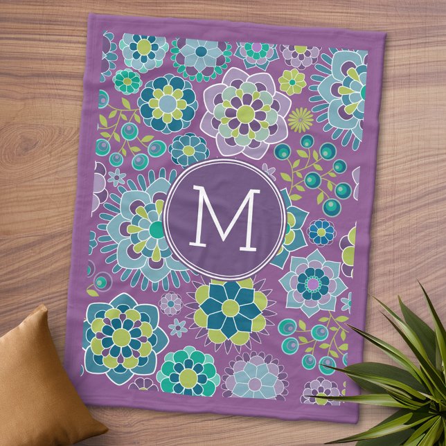 Funky Colourful Floral Pattern Single Monogram Fleece Blanket (Personalized Fleece Blanket - Add Photos and Text or Customize completely in advanced design area)