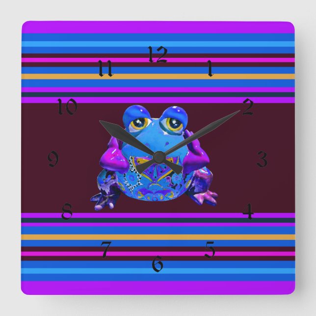 Funky Colourful Frog Blue Purple Funny Gifts Square Wall Clock (Front)