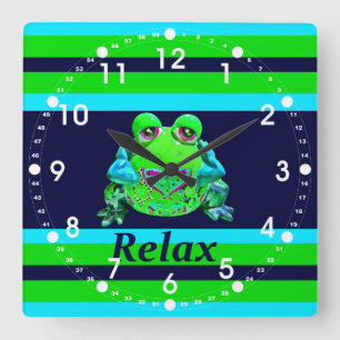 Funky Colourful Frog RELAX Teal Lime Navy Square Wall Clock