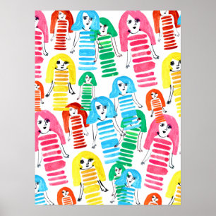 Funky colourful girl doll watercolor poster