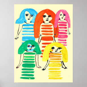 Funky colourful girl doll watercolor poster
