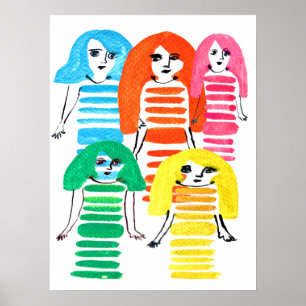 Funky colourful girl doll watercolor poster