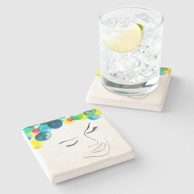 Funky colourful hair girl watercolor stone coaster (Side)