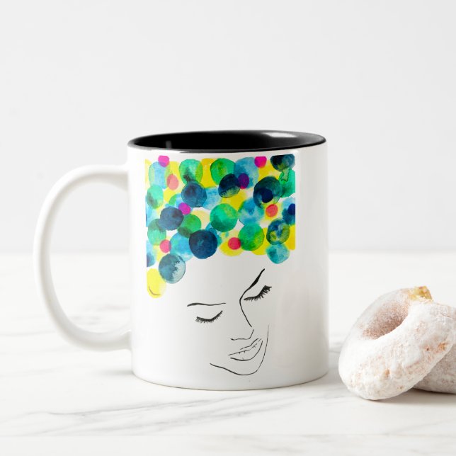 Funky colourful hair girl watercolor Two-Tone coffee mug (With Donut)