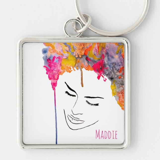 Funky colourful rainbow lady art key ring (Front)