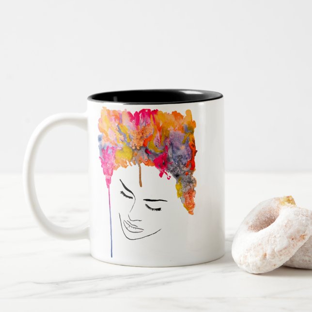 Funky colourful rainbow lady art Two-Tone coffee mug (With Donut)