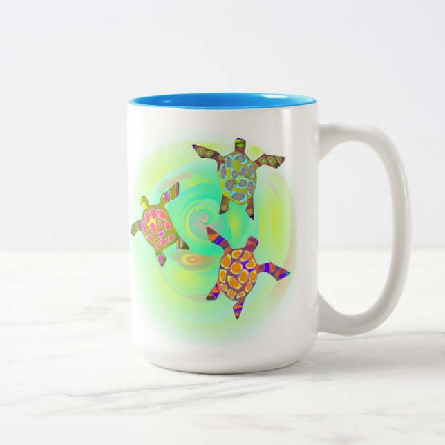 funky colourful turtles Two-Tone coffee mug (Right)