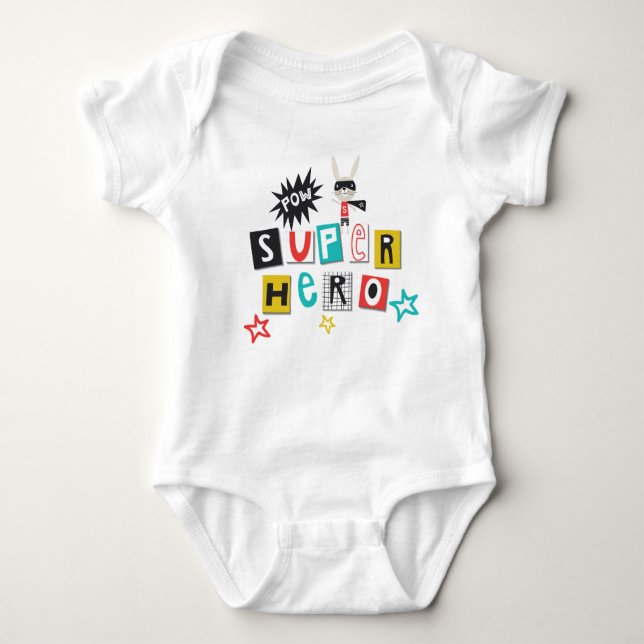 Funky Colourful Typography Super Hero Pow Boy Baby Bodysuit (Front)