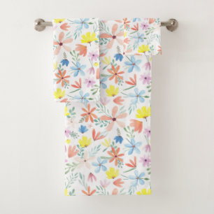 Funky Colourful Watercolor Floral Pattern Bath Towel Set