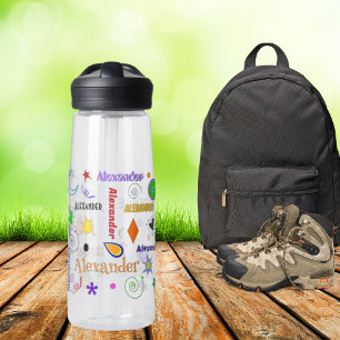 Funky Colourful Whimsy Shapes Personalised Name Water Bottle