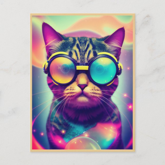 Funky Cool Psychedelic Goggles Cat Postcard (Front)