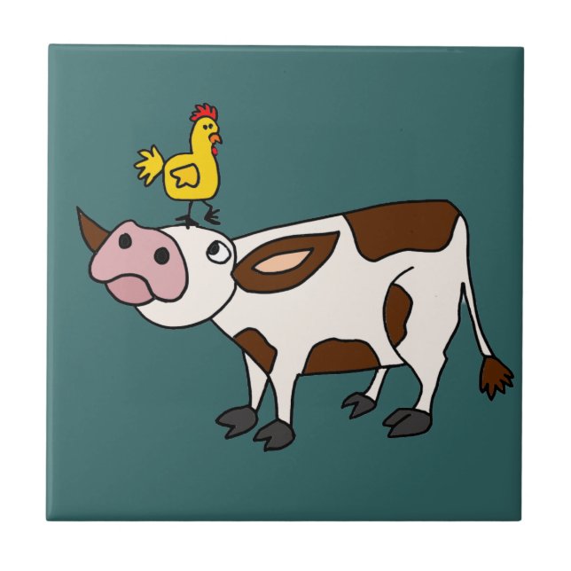 Funky Cow with Chicken on Her Head Cartoon Ceramic Tile (Front)