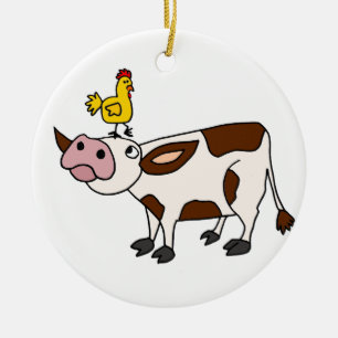 Funky Cow with Chicken on Her Head Cartoon Ceramic Tree Decoration