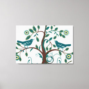 Funky Cute Teal Vintage Love Birds Swirly Tree Canvas Print