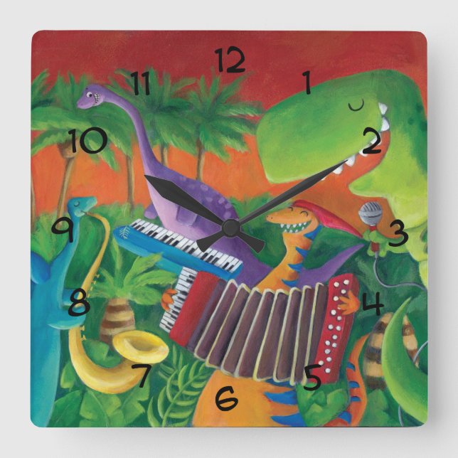 Funky Dinosaur Band Square Wall Clock (Front)