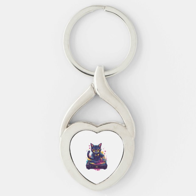 Funky DJ Cat � Retro Disco Kitty Party Key Ring (Front)