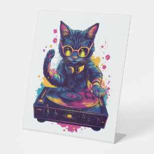 Funky DJ Cat – Retro Disco Kitty Party Pedestal Sign