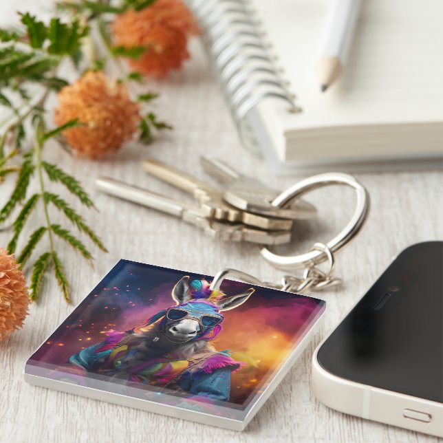 Funky Donkey Blue Glasses  Key Ring (Front Right)