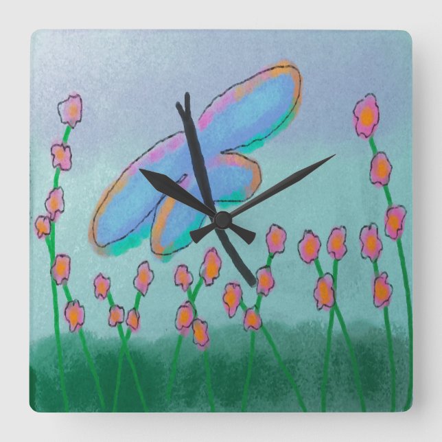 Funky Dragonfly Abstract Art Round Clock (Front)