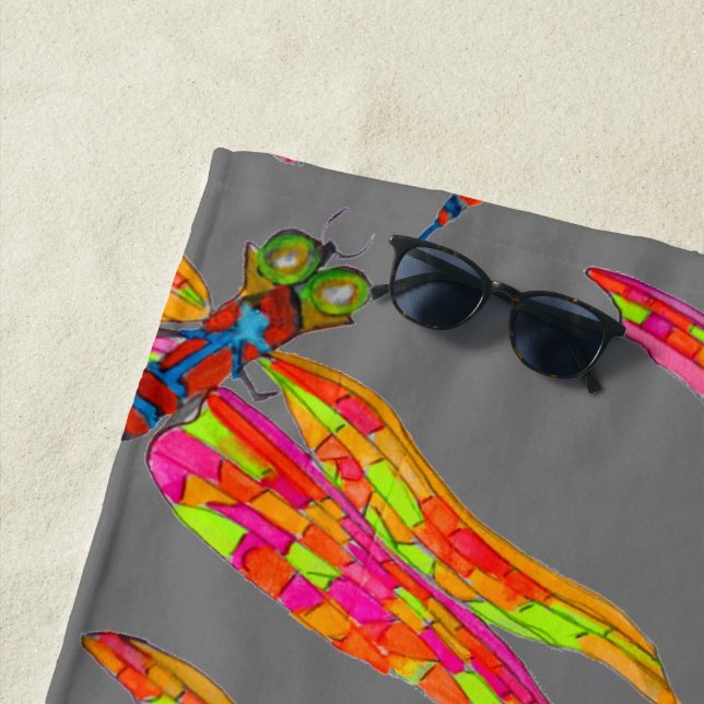 Funky dragonfly art beach style towel (In Situ)