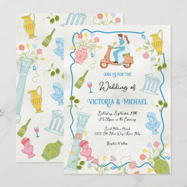 Funky Drawn Italian Bride Groom on scooter Wedding Invitation (Front/Back)