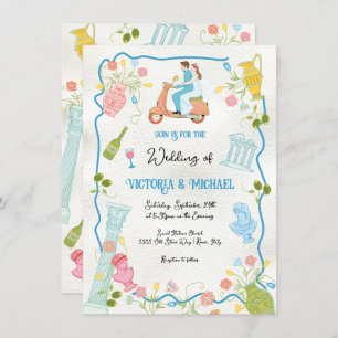 Funky Drawn Italian Bride Groom on scooter Wedding Invitation