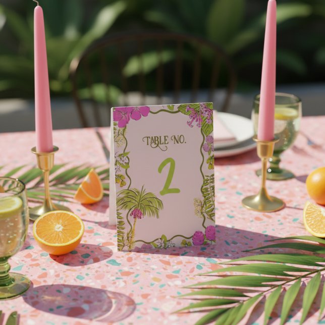 Funky Drawn Tropical Destination Wedding (Tropical Hand Drawn Pink and Green Table Tent
)