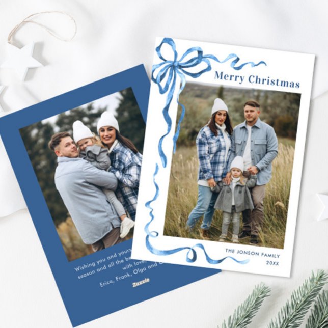 Funky Dusty Blue Christmas Bow Ribbon 2 Photo Holiday Card (Creator Uploaded)