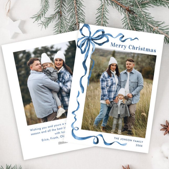 Funky Dusty Blue Christmas Bow Ribbon 2 Photo Holiday Card (Creator Uploaded)