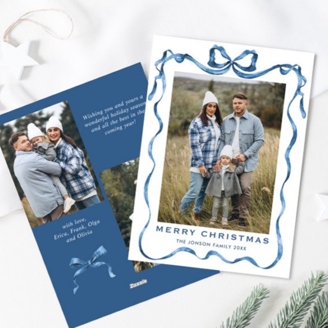 Funky Dusty Blue Christmas Bow Ribbon 3 Photo Holiday Card (Creator Uploaded)