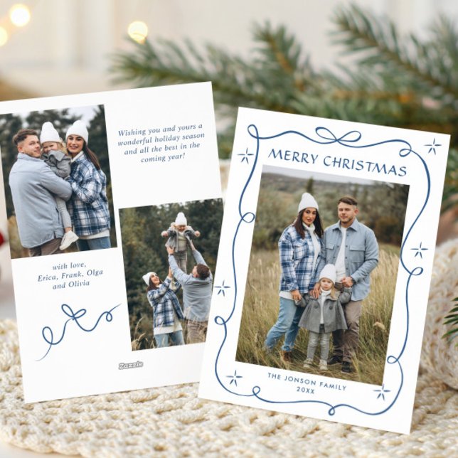 Funky Dusty Blue Christmas Bow Ribbon 3 Photo Holiday Card (Creator Uploaded)