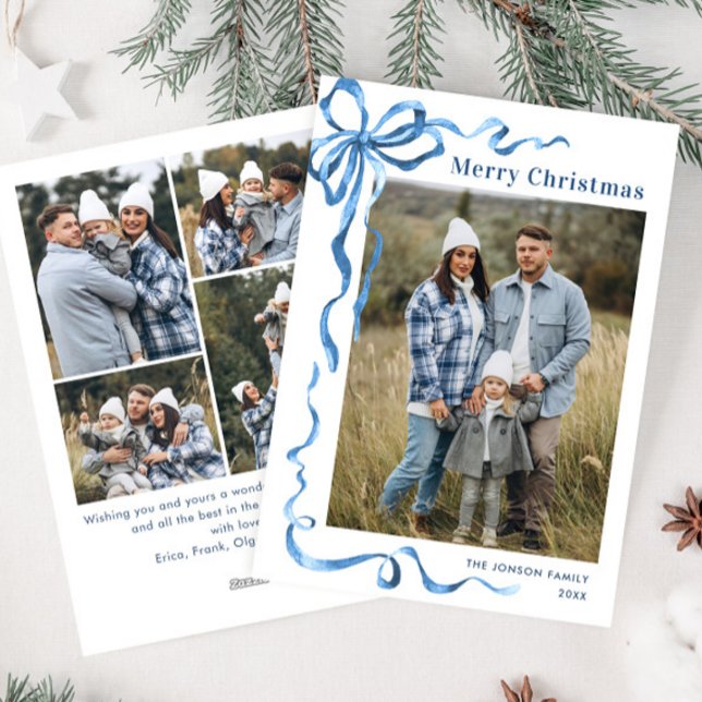 Funky Dusty Blue Christmas Bow Ribbon 5 Photo Holiday Card (Creator Uploaded)