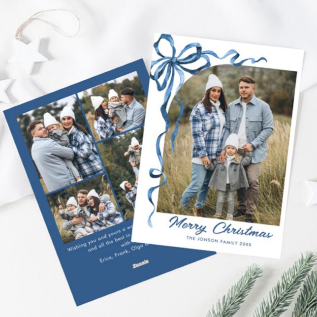 Funky Dusty Blue Christmas Bow Ribbon 5 Photo Holiday Card (Creator Uploaded)
