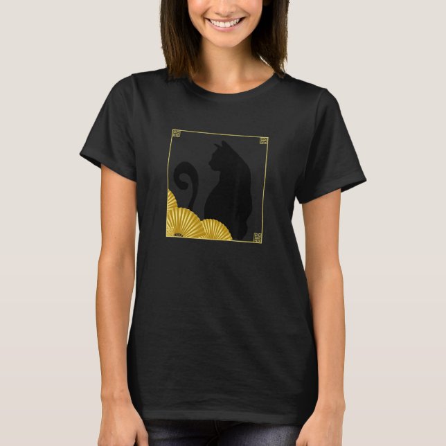 Funky East Asian Style Black Cat in Frame with Gol T-Shirt (Front)