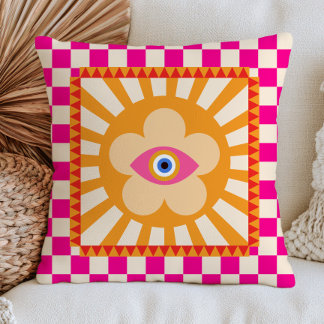 Funky Evil Eye Daisy Flower Pink Chequered RETRO Cushion