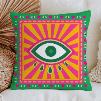 Funky Evil Eyes Retro Sunrays Green Maximalist Cushion
