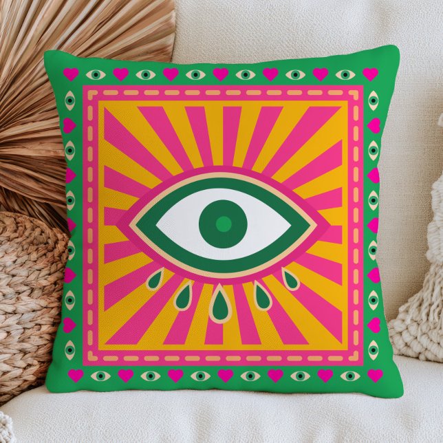 Funky Evil Eyes Retro Sunrays Green Maximalist Cushion (Creator Uploaded)