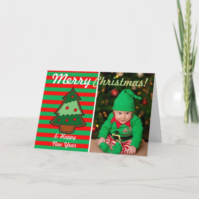 Funky Festive Tree and Elf Stripes Custom Photo Holiday Card (Front)