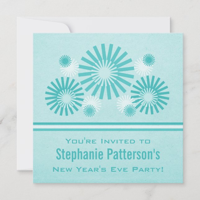 Funky Fireworks New Year's Eve Invite, Teal Invitation (Front)