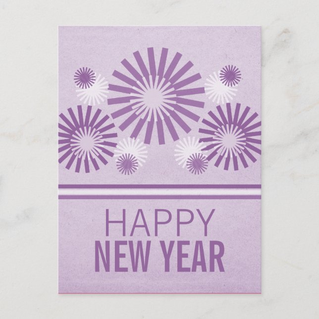 Funky Fireworks New Years Postcard, Purple Holiday Postcard (Front)