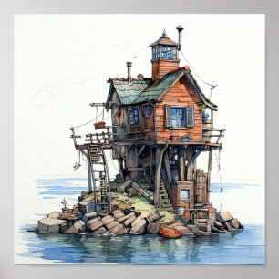 Funky Fisherman's Seaside Shack Art Poster