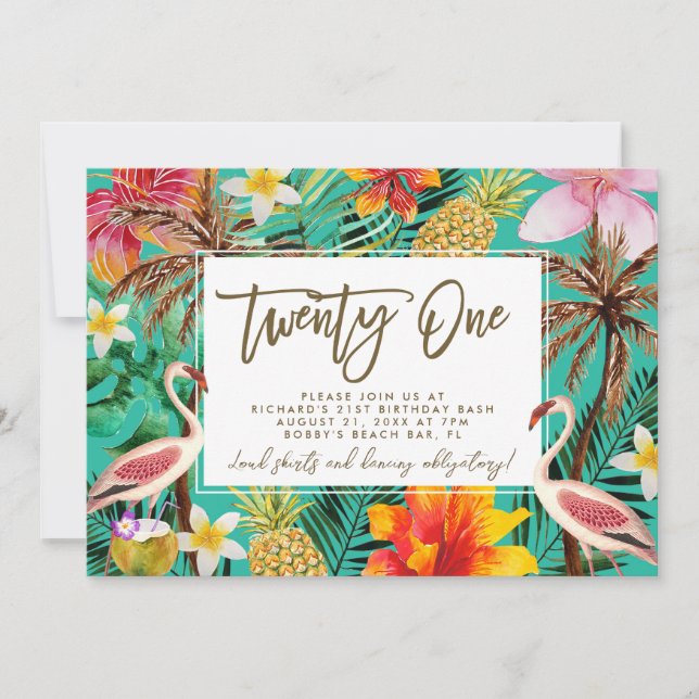 funky flamingo tropical 21st birthday invitation (Front)