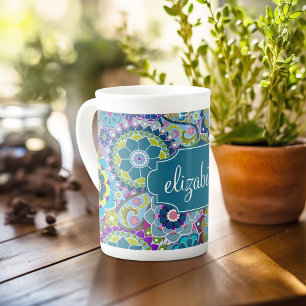 Funky Floral Pattern with Custom Name Bone China Mug