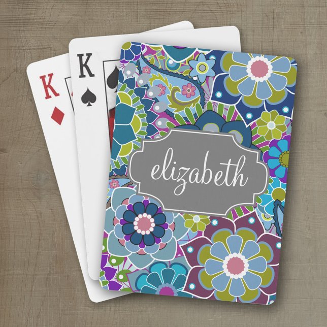 Funky Floral Pattern with Custom Name - grey Playing Cards (Personalized playing cards with an area for text such as a name or monogram)