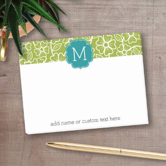 Funky floral pattern with Custom Teal Monogram Post-it Notes