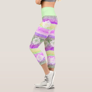 Funky Floral Purple Lime Green Stripes Pattern Capri Leggings