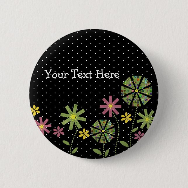 Funky flower border on black background with white 6 cm round badge (Front)