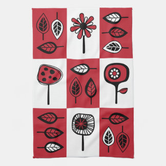 Funky Flowers and Leaves in Red & Black Kitchen To Tea Towel