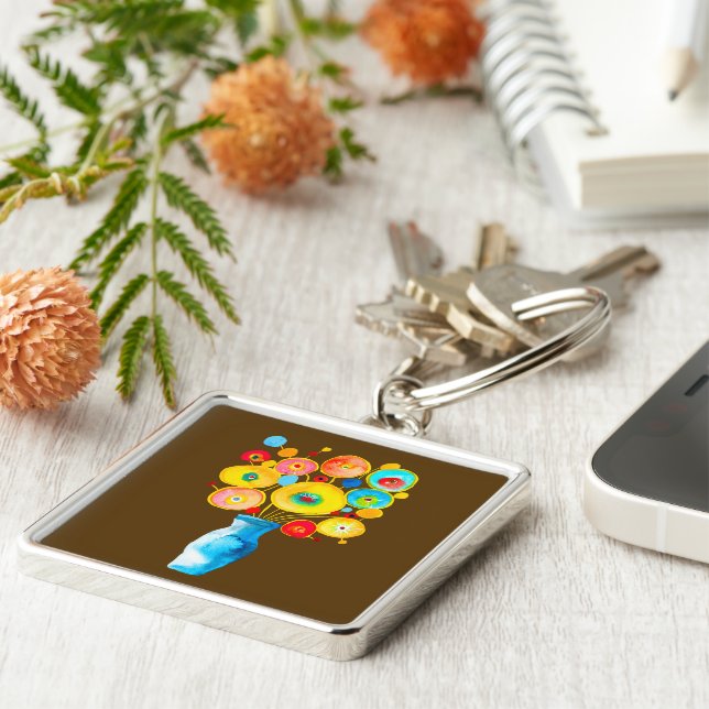Funky flowers art illustration key ring (Side)