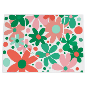 Funky flowers in green, peach & coral large gift bag